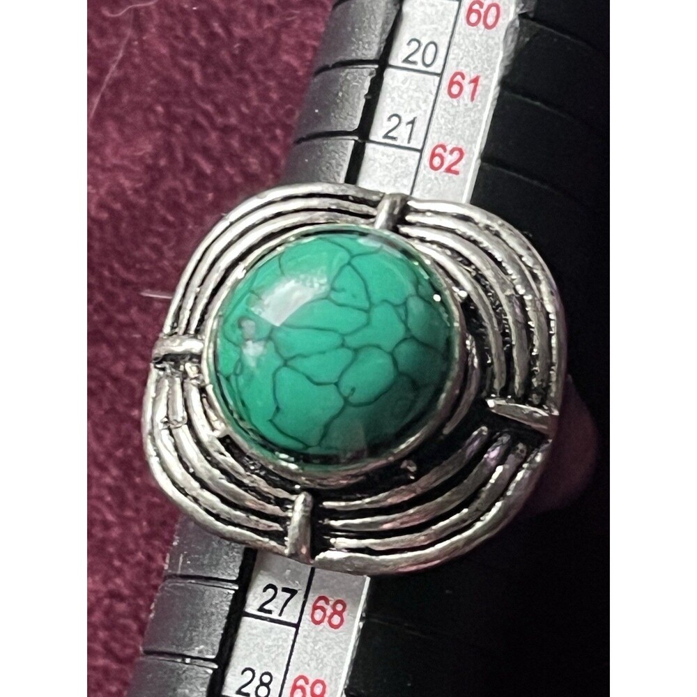 Size 11 Statement Faux Turquoise Ring - Modernist Silver-Tone Cage Design
